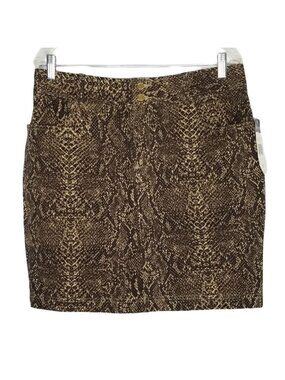 Chaps NWT Size 12 Skirt Knee Snake Reptile Print Stretch Denim Pockets Brown